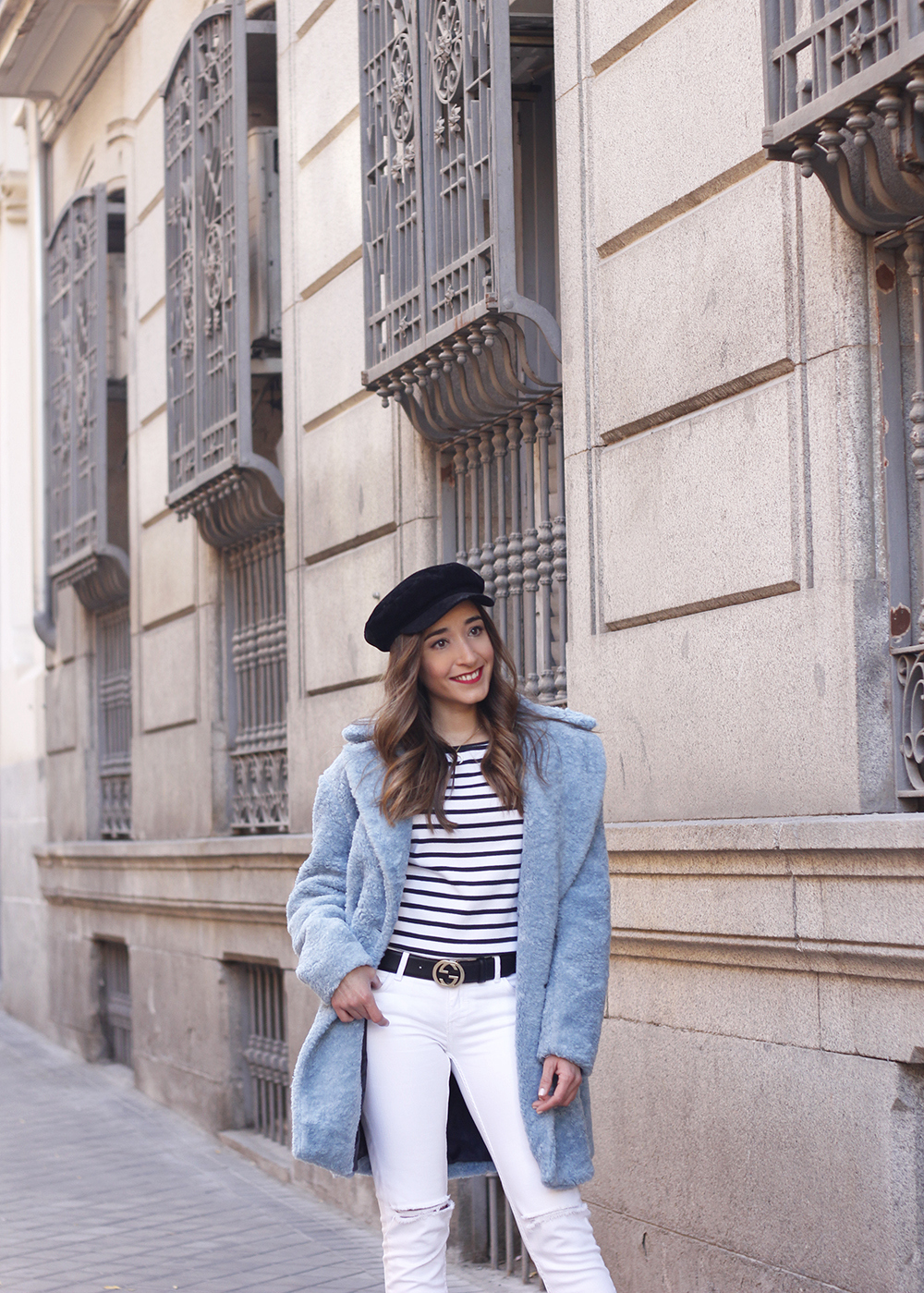blue fur coat stripes white ripped jeans givenchy bag navy cap fall outfit street style11