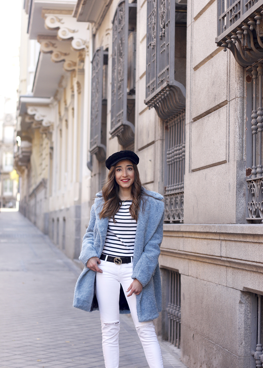 blue fur coat stripes white ripped jeans givenchy bag navy cap fall outfit street style09