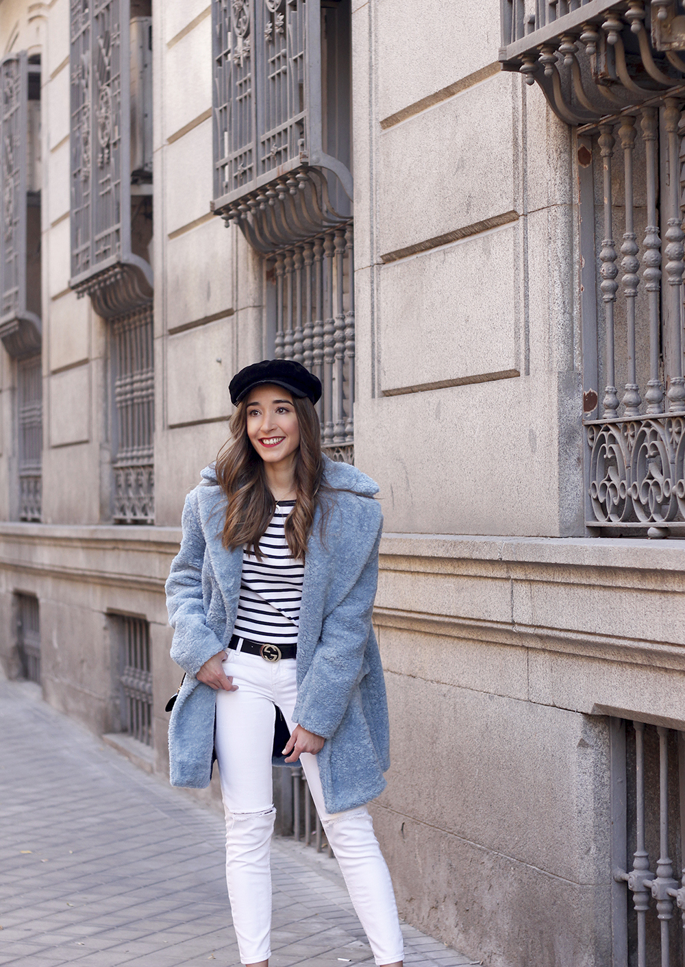 blue fur coat stripes white ripped jeans givenchy bag navy cap fall outfit street style10