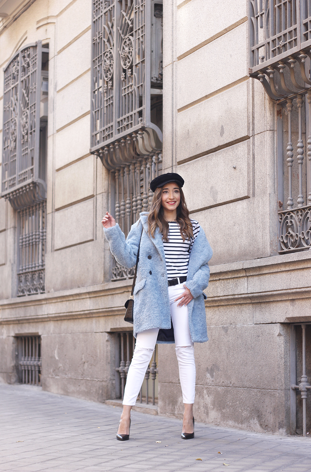 blue fur coat stripes white ripped jeans givenchy bag navy cap fall outfit street style03