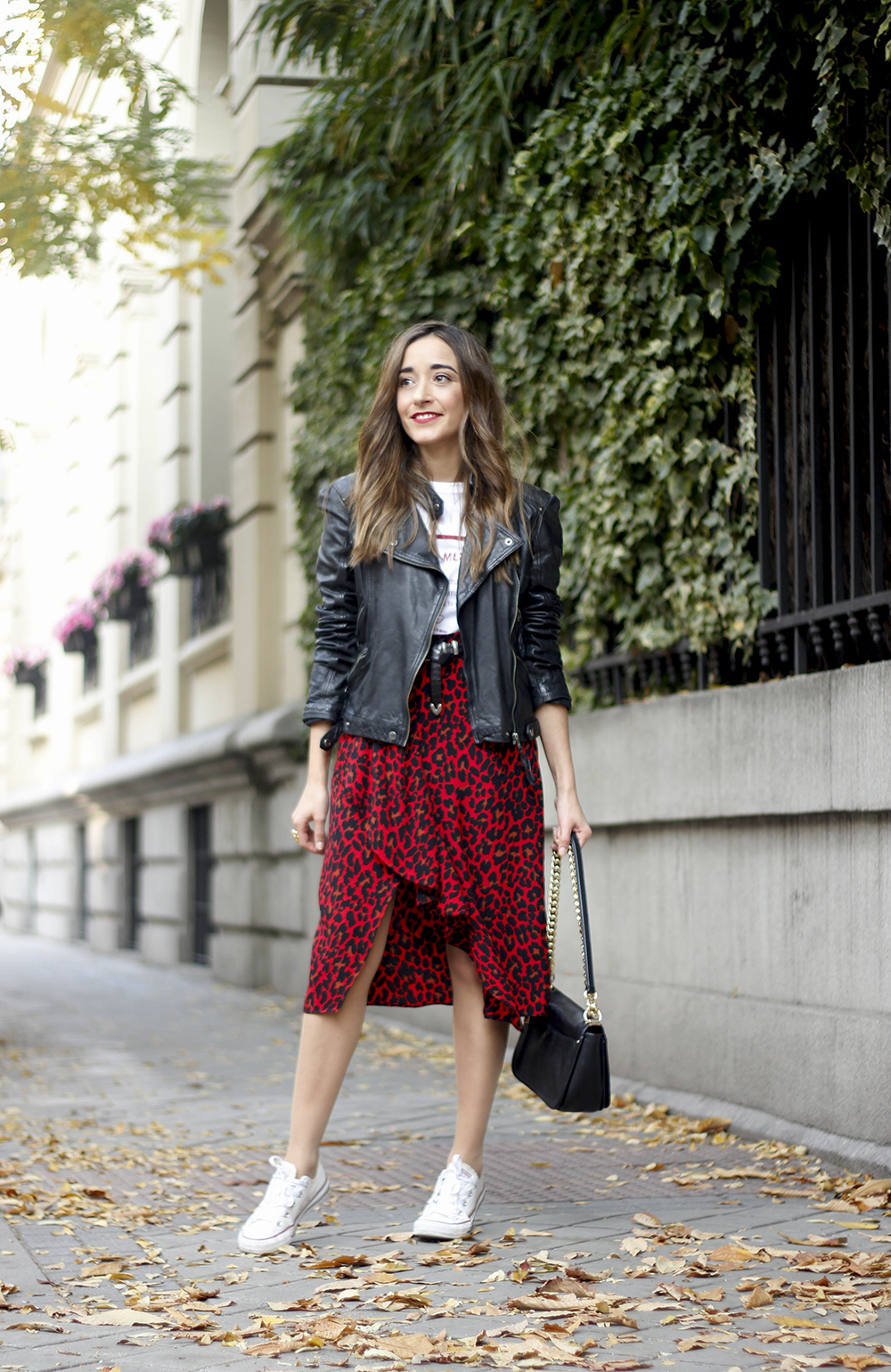 midi skirt red leopard print trend black biker jacket converse street style fall outfit 20186054