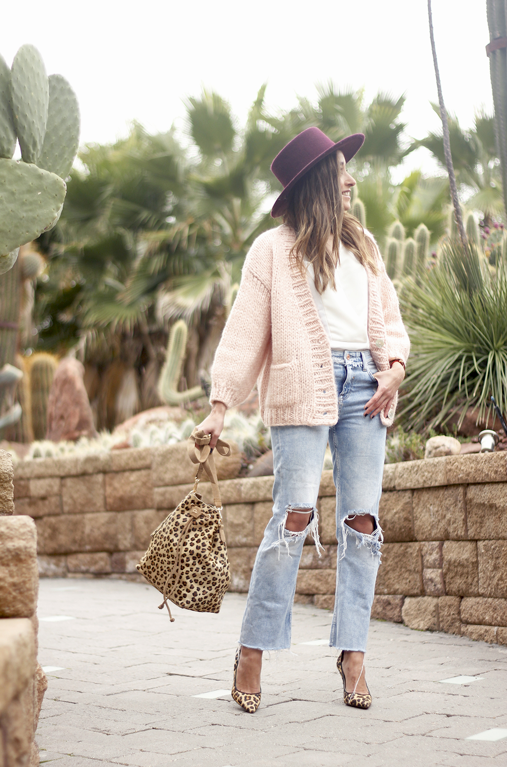 pink cardigan ripped jeans burgundy hay leopard print trend street style fall outfit 20185677