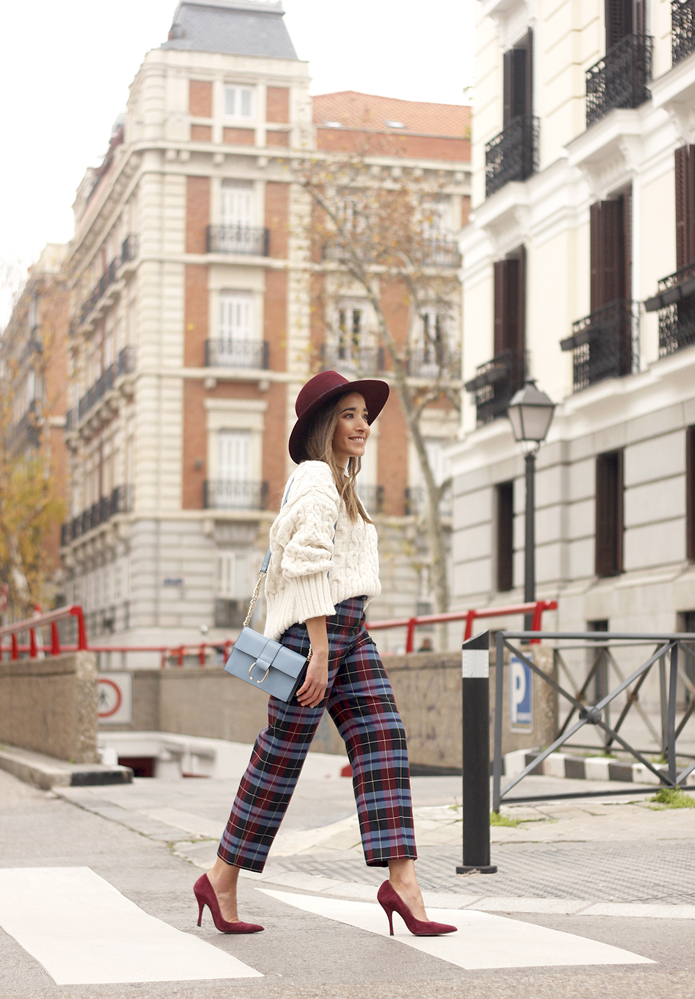 plaid pants zara white sweater burgundy hat street style outfit 20189353