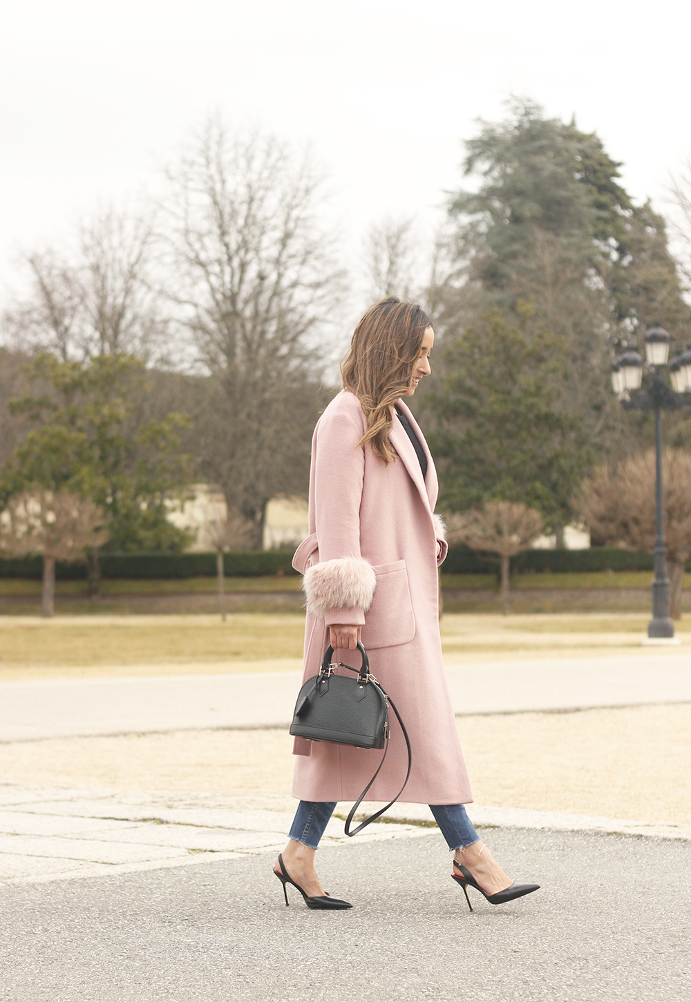 pink coat byleclair carolina herrera heels jeans louis vuitton ba street style outfit 20197
