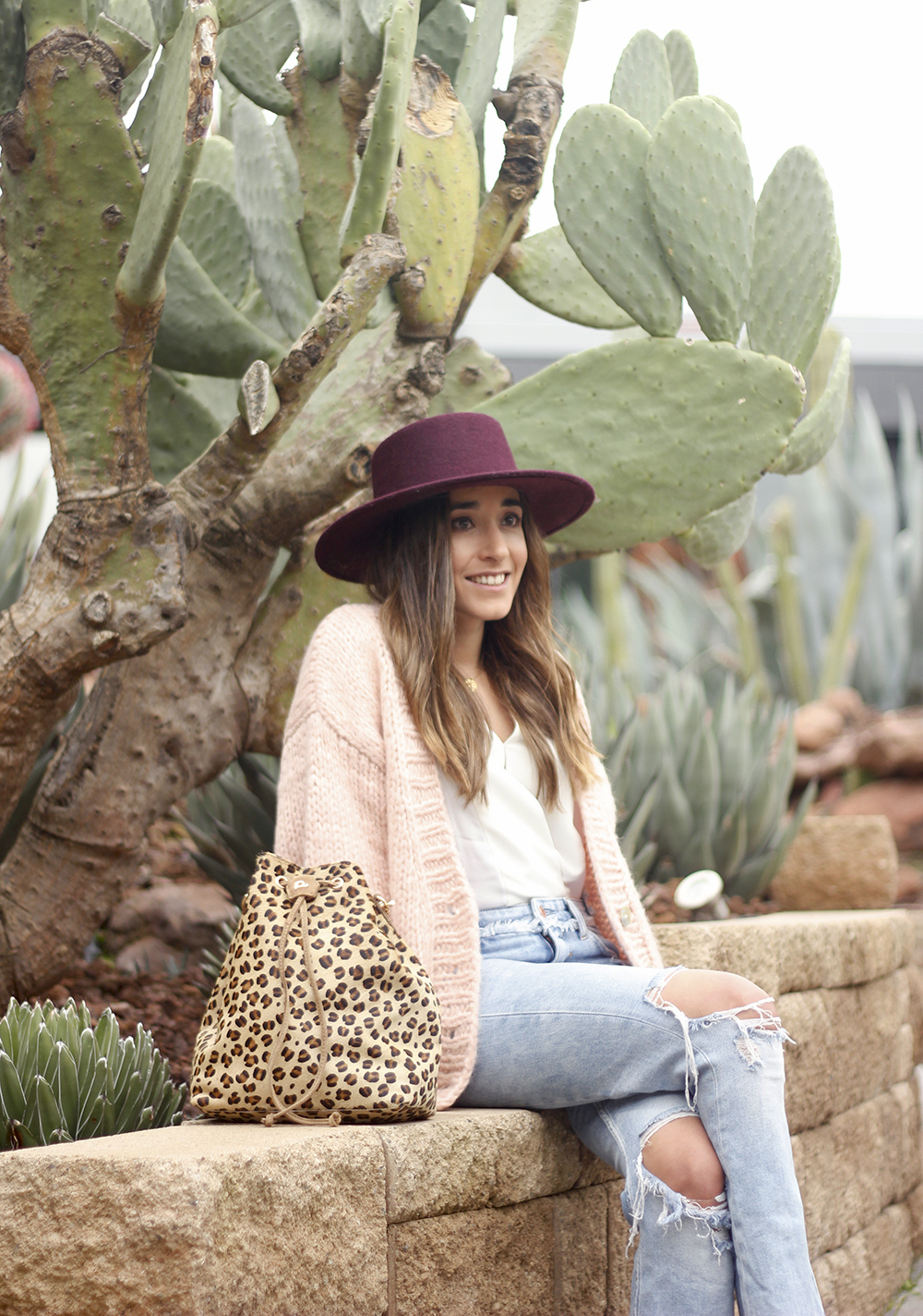 pink cardigan ripped jeans burgundy hay leopard print trend street style fall outfit 20185778