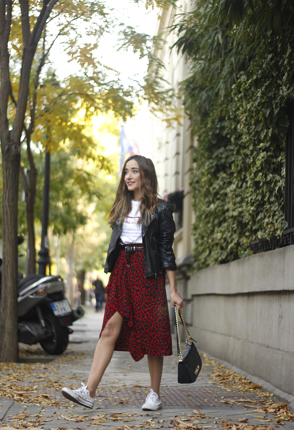 midi skirt red leopard print trend black biker jacket converse street style fall outfit 20185986