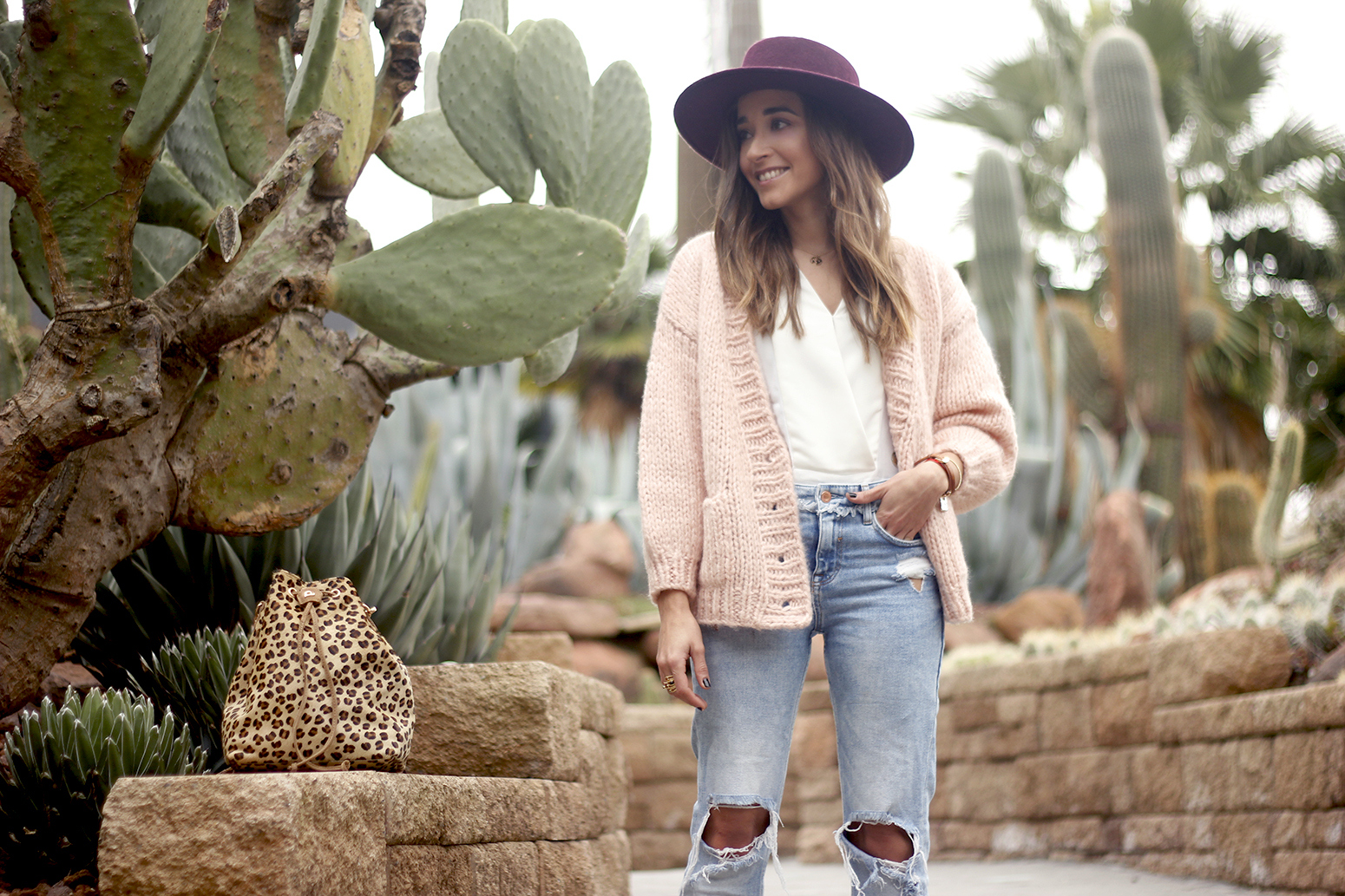 pink cardigan ripped jeans burgundy hay leopard print trend street style fall outfit 20185888