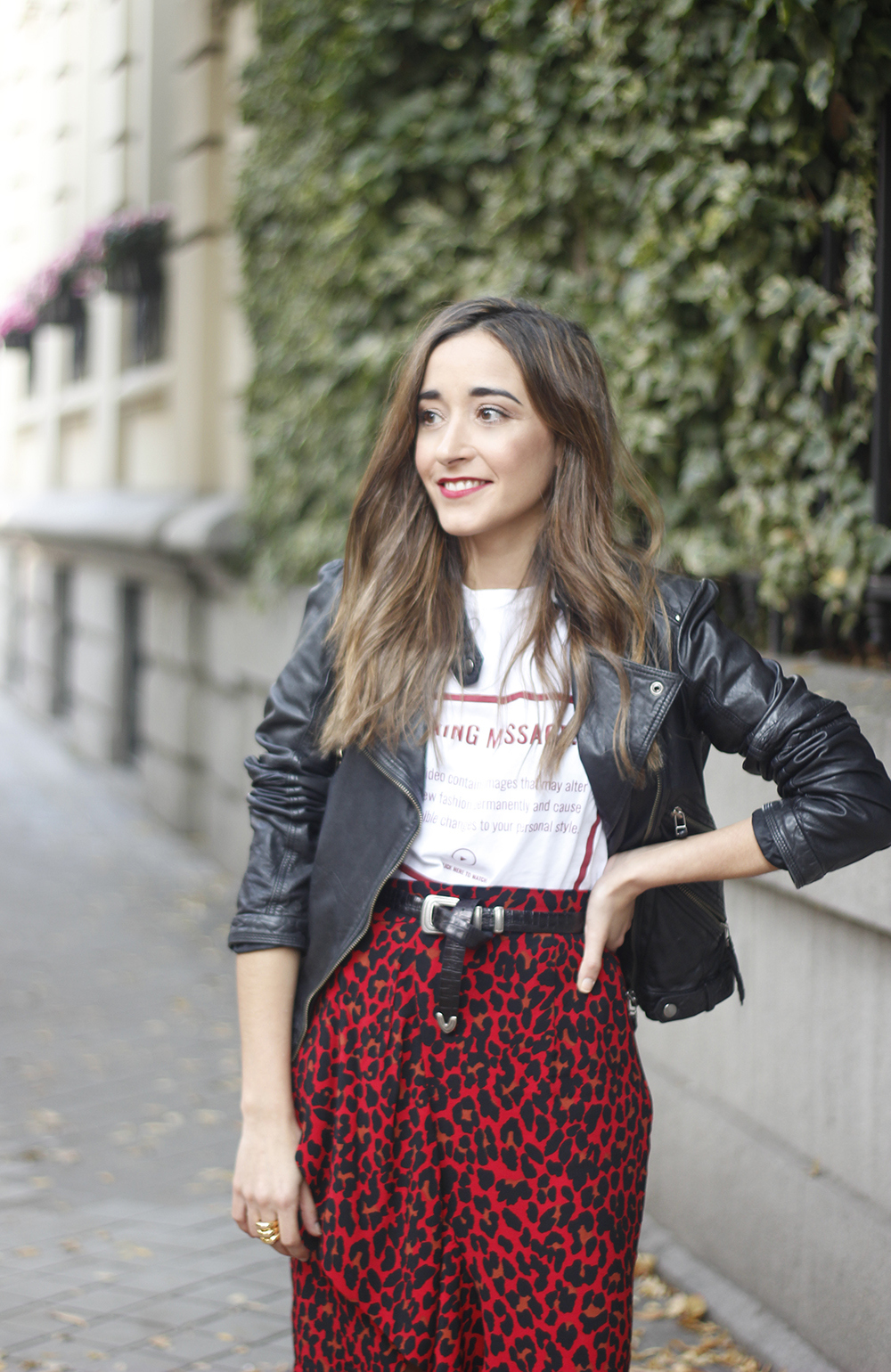 midi skirt red leopard print trend black biker jacket converse street style fall outfit 20186098