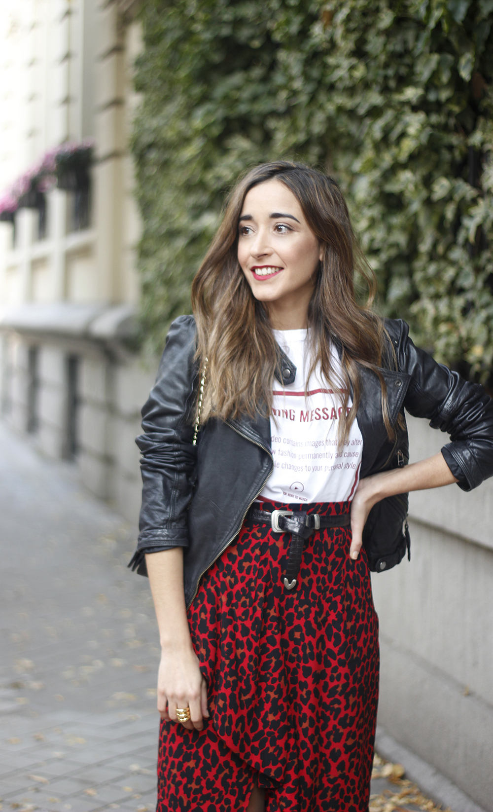 midi skirt red leopard print trend black biker jacket converse street style fall outfit 20186099