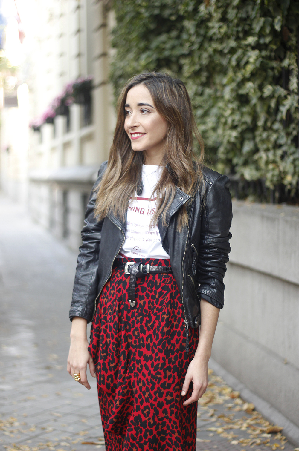 midi skirt red leopard print trend black biker jacket converse street style fall outfit 20186133