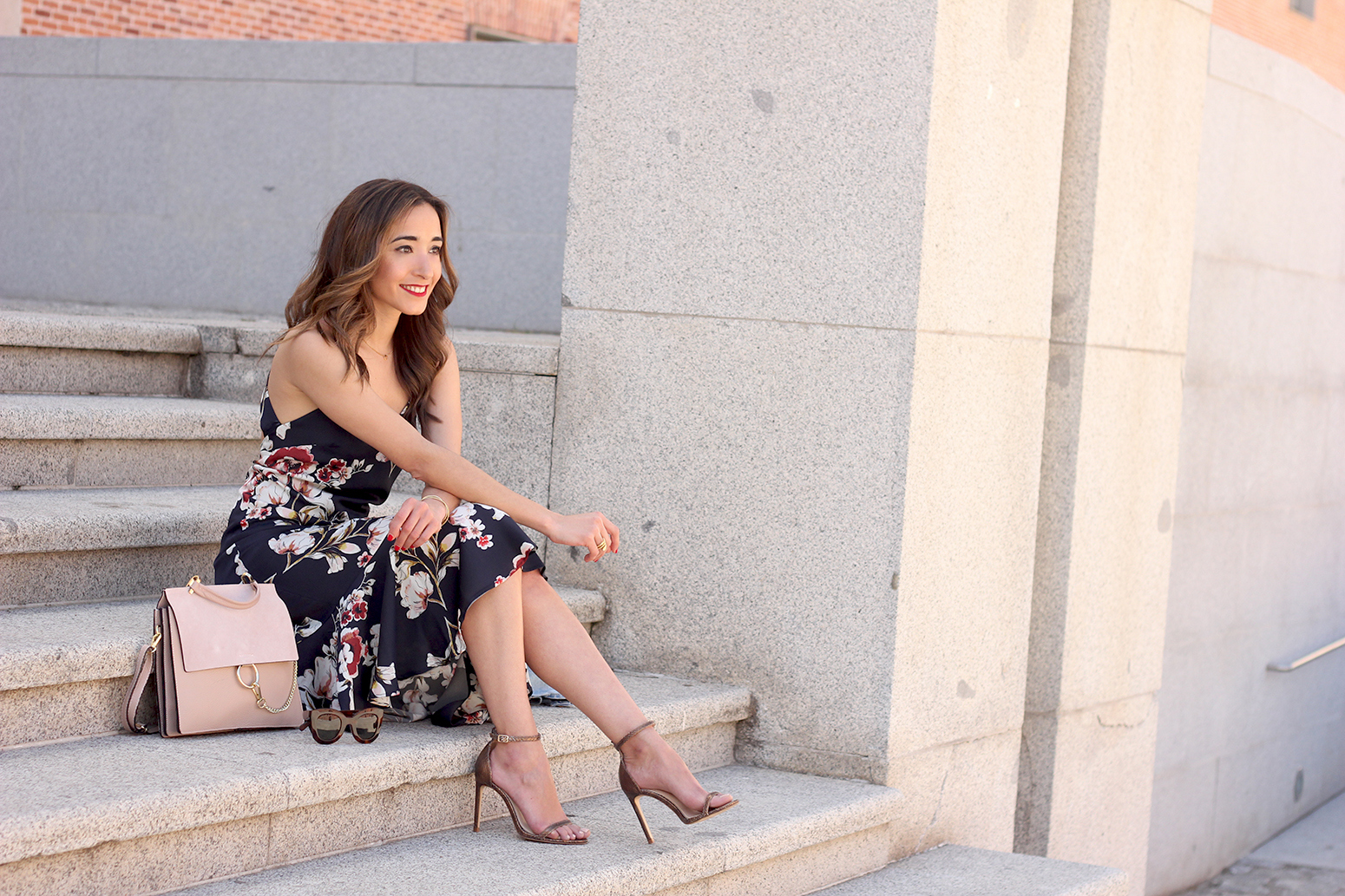 Floral dress denim jacket heels spring outfit style fashion16