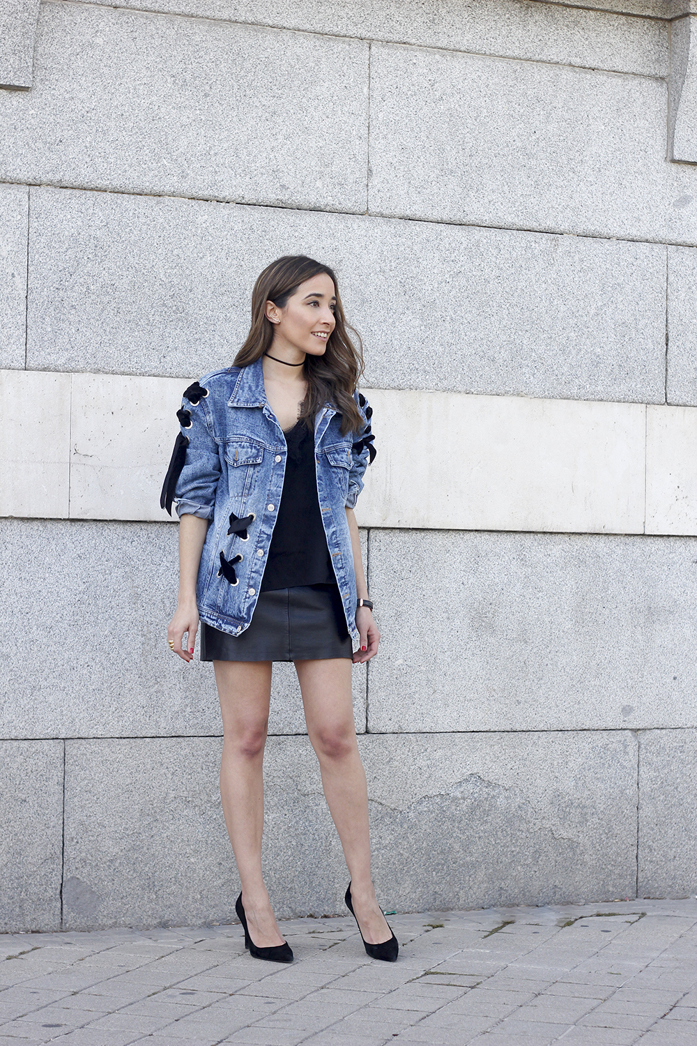 denim jacket leather skirt black heels outfit style fashion summer08