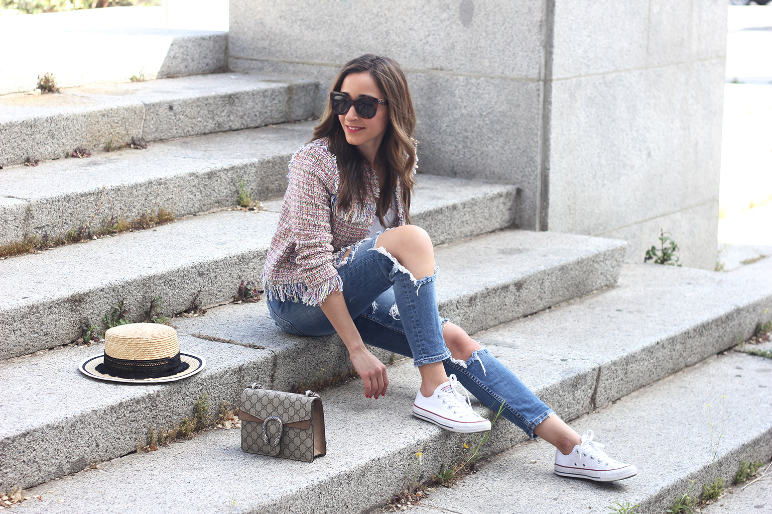 Tweed Jacket ripped jeans converse sneakers gucci bag spring outfit style01