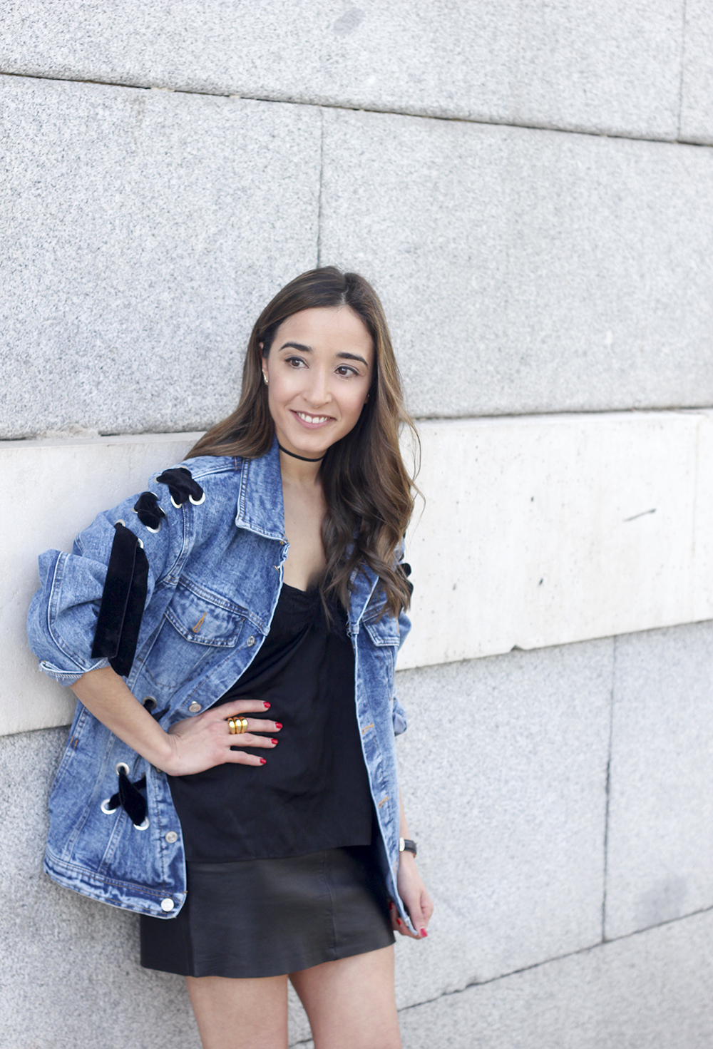 denim jacket leather skirt black heels outfit style fashion summer15