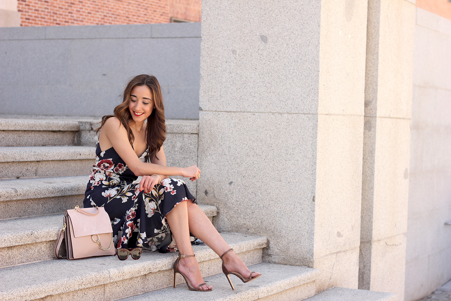 Floral dress denim jacket heels spring outfit style fashion15