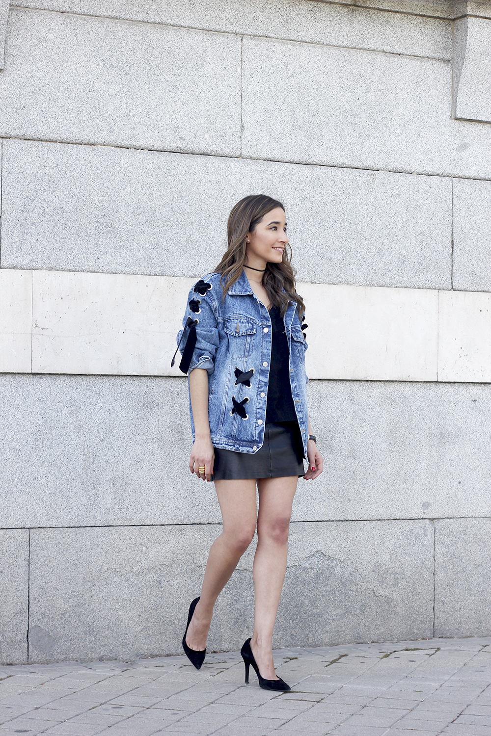 denim jacket leather skirt black heels outfit style fashion summer01