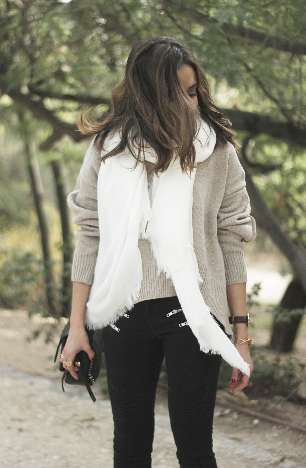 Beige Sweater Black Jeans Nude Heels White Scarf Coach Bag Outfit Style14