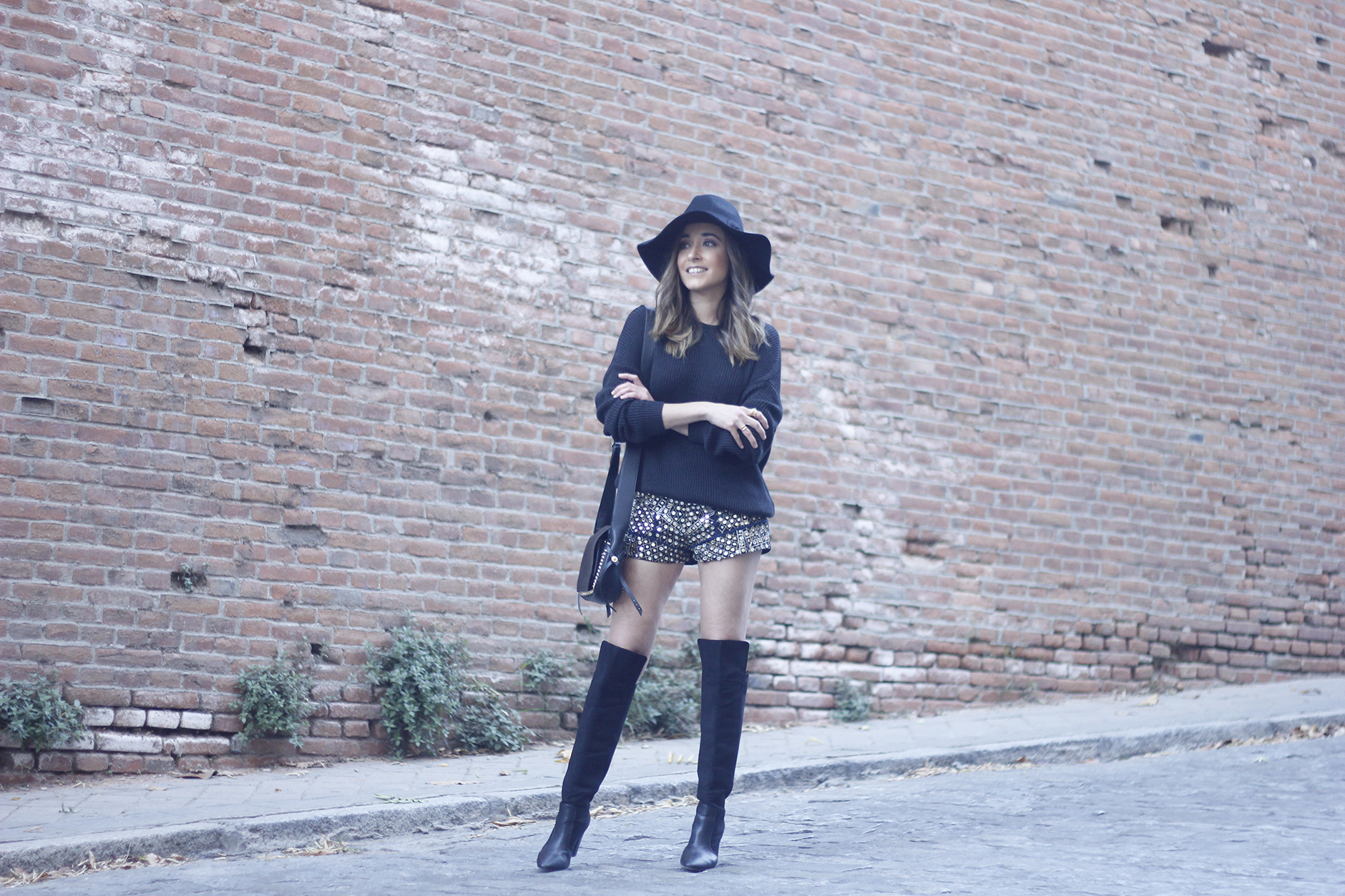 embroidered shorts black hat over the knee boots black sweater pull and bear purse coach outfit26