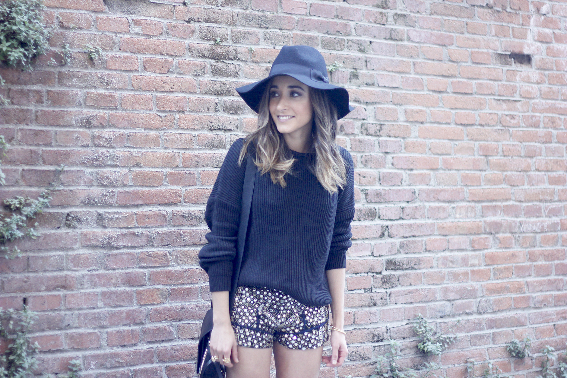 embroidered shorts black hat over the knee boots black sweater pull and bear purse coach outfit06