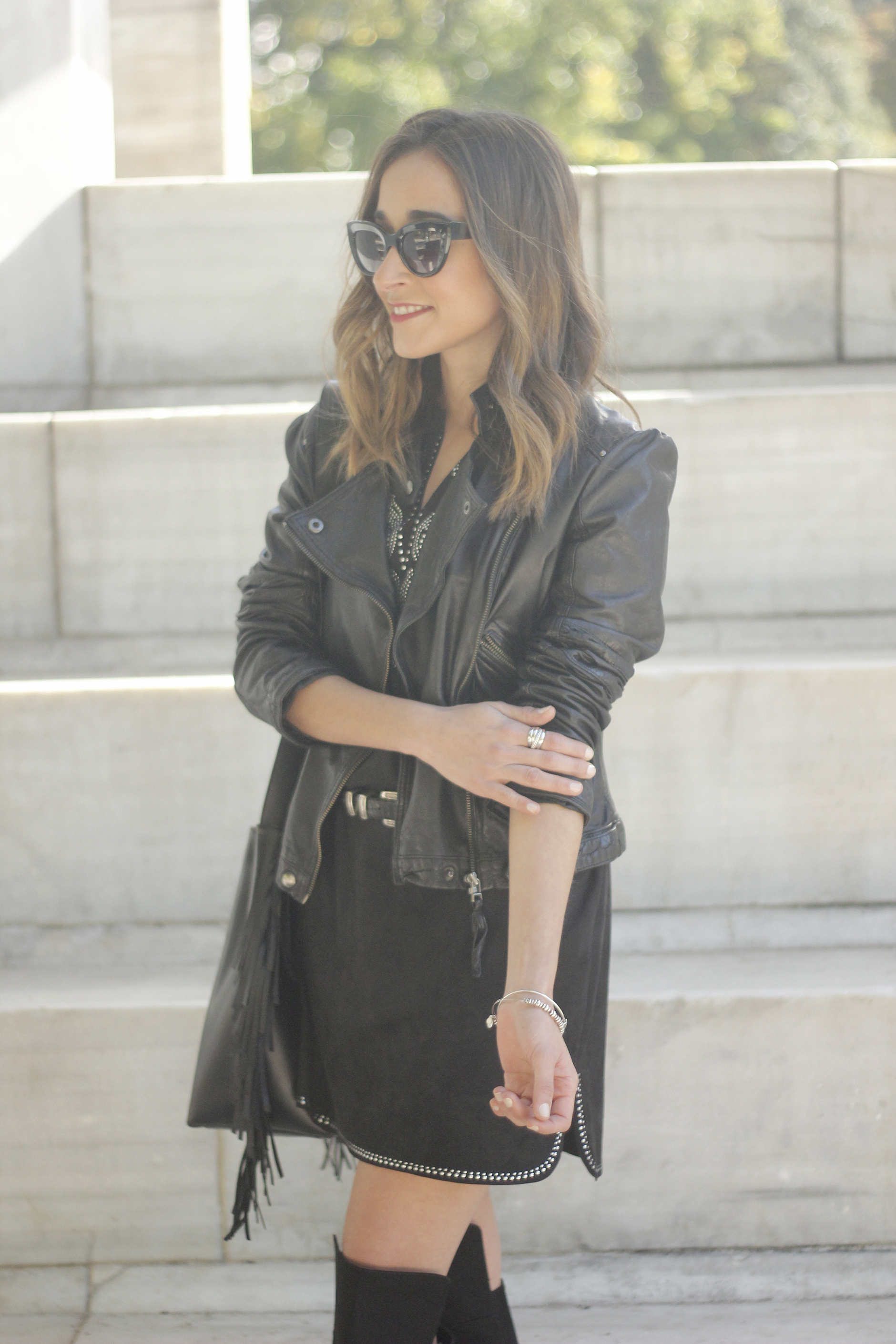 Black Leather jacket With Suede Black Dress Over the knee boots08