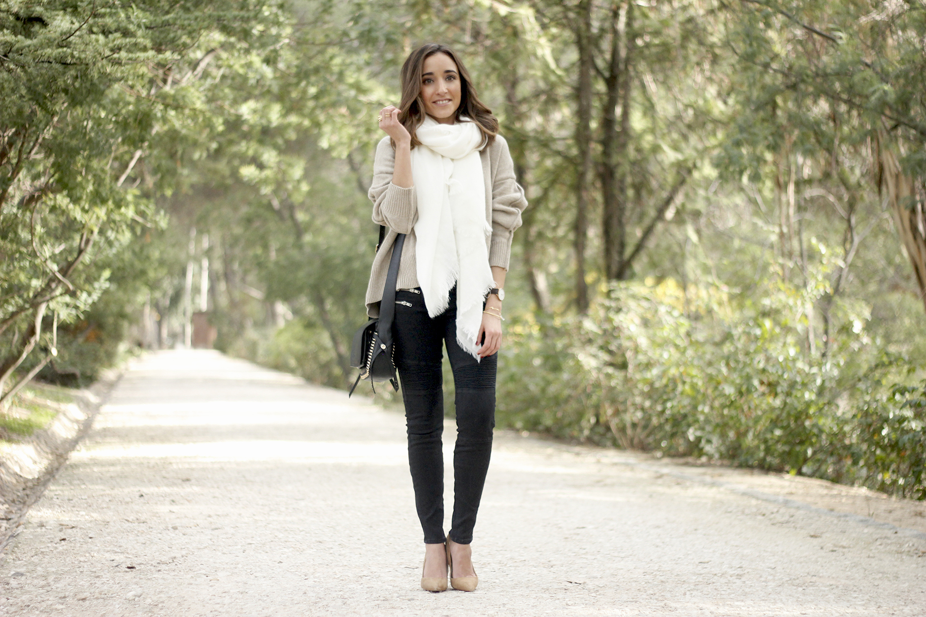 Beige Sweater Black Jeans Nude Heels White Scarf Coach Bag Outfit Style03