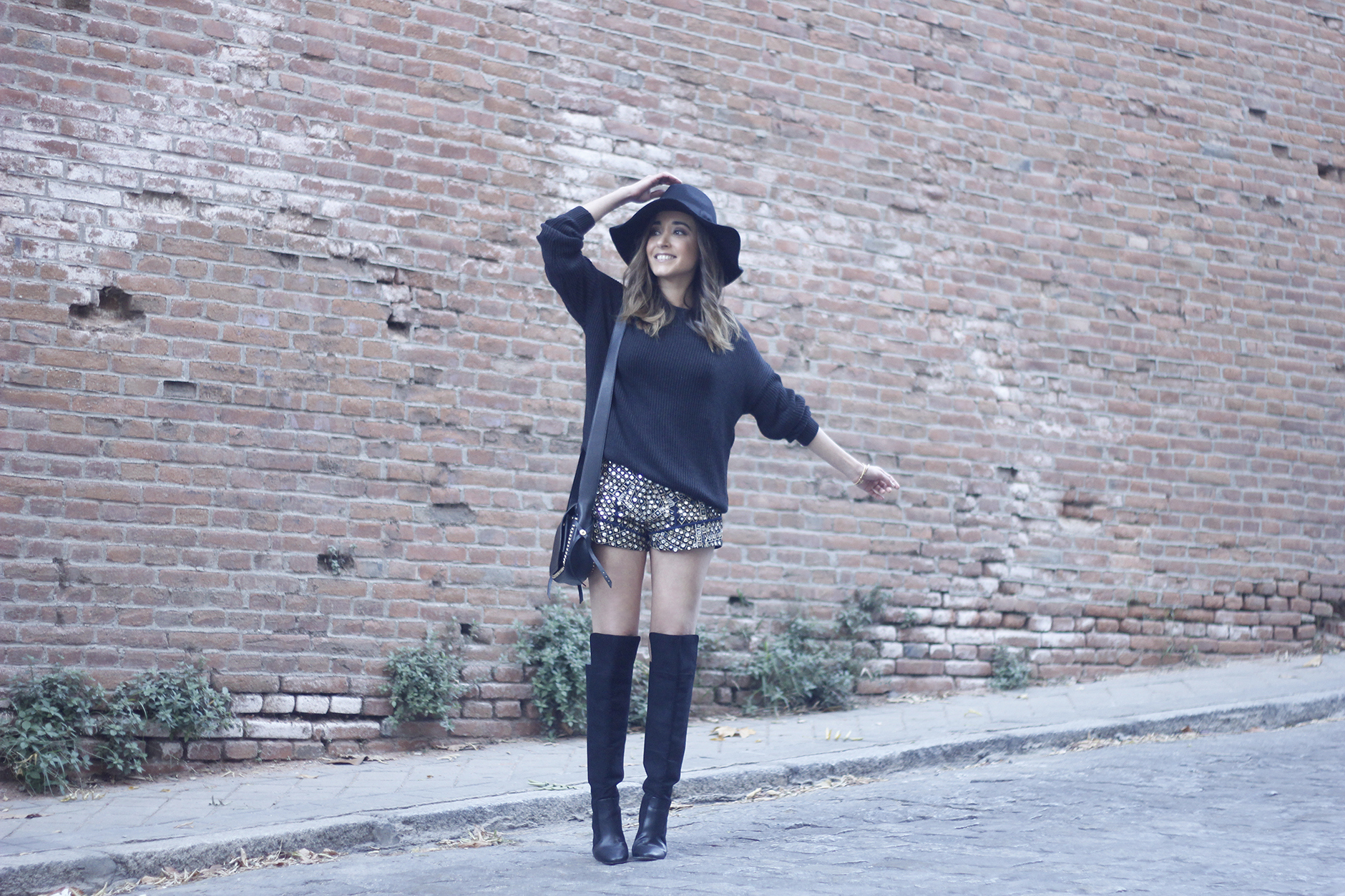 embroidered shorts black hat over the knee boots black sweater pull and bear purse coach outfit24