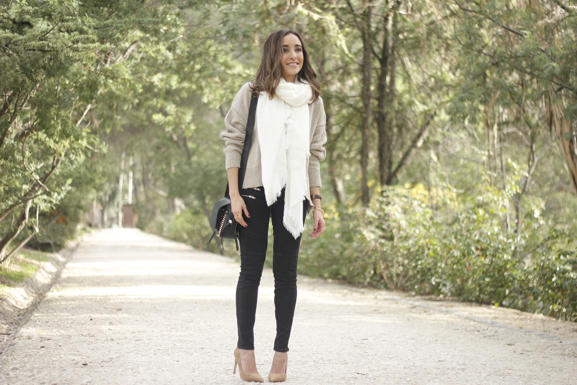 Beige Sweater Black Jeans Nude Heels White Scarf Coach Bag Outfit Style05