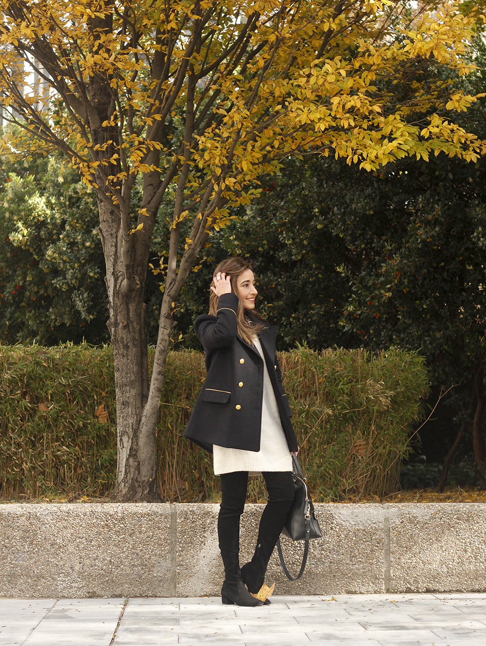 Knitted dress over the knee boots black coat furla bag outfit style fashion fall08