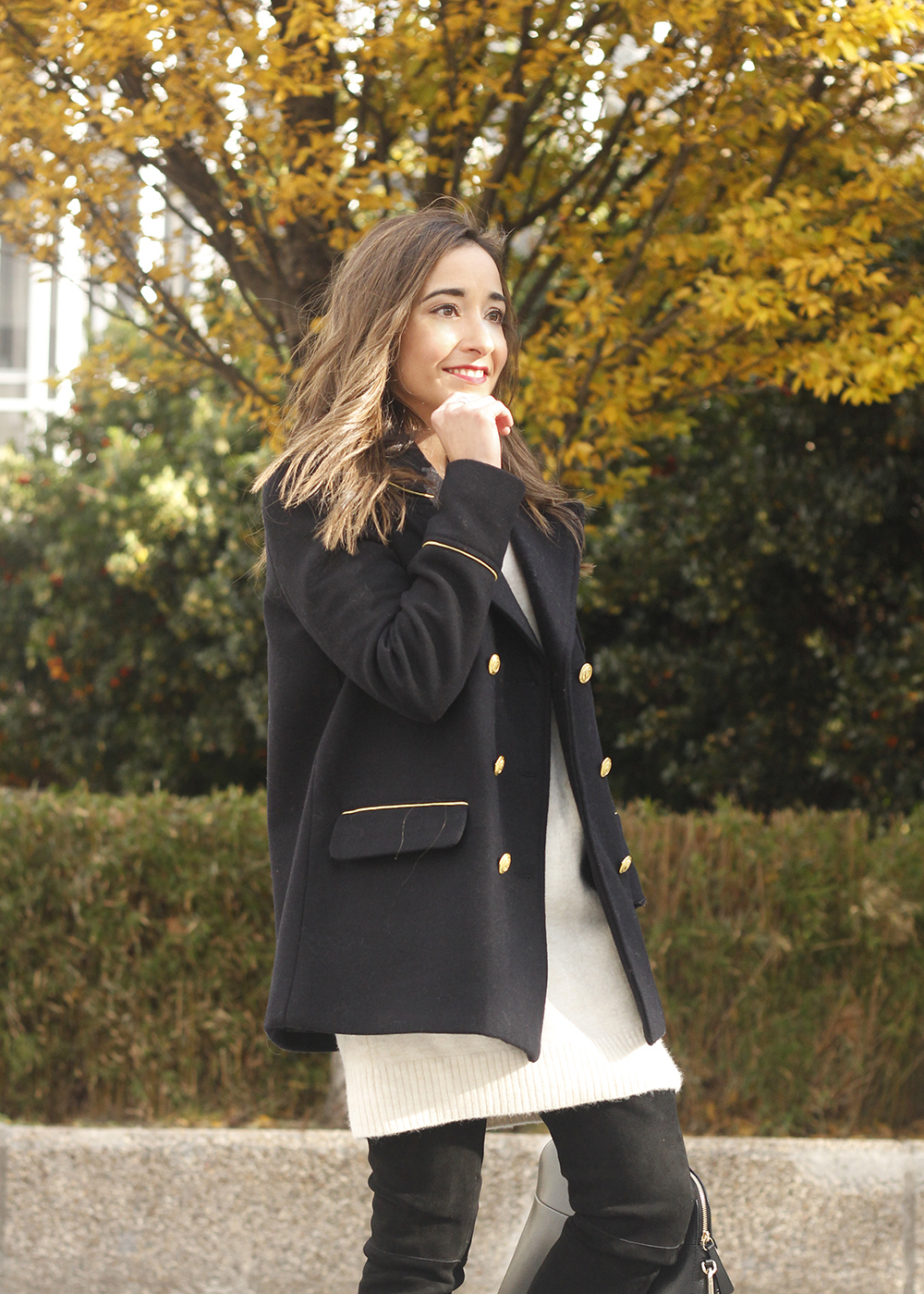 Knitted dress over the knee boots black coat furla bag outfit style fashion fall14