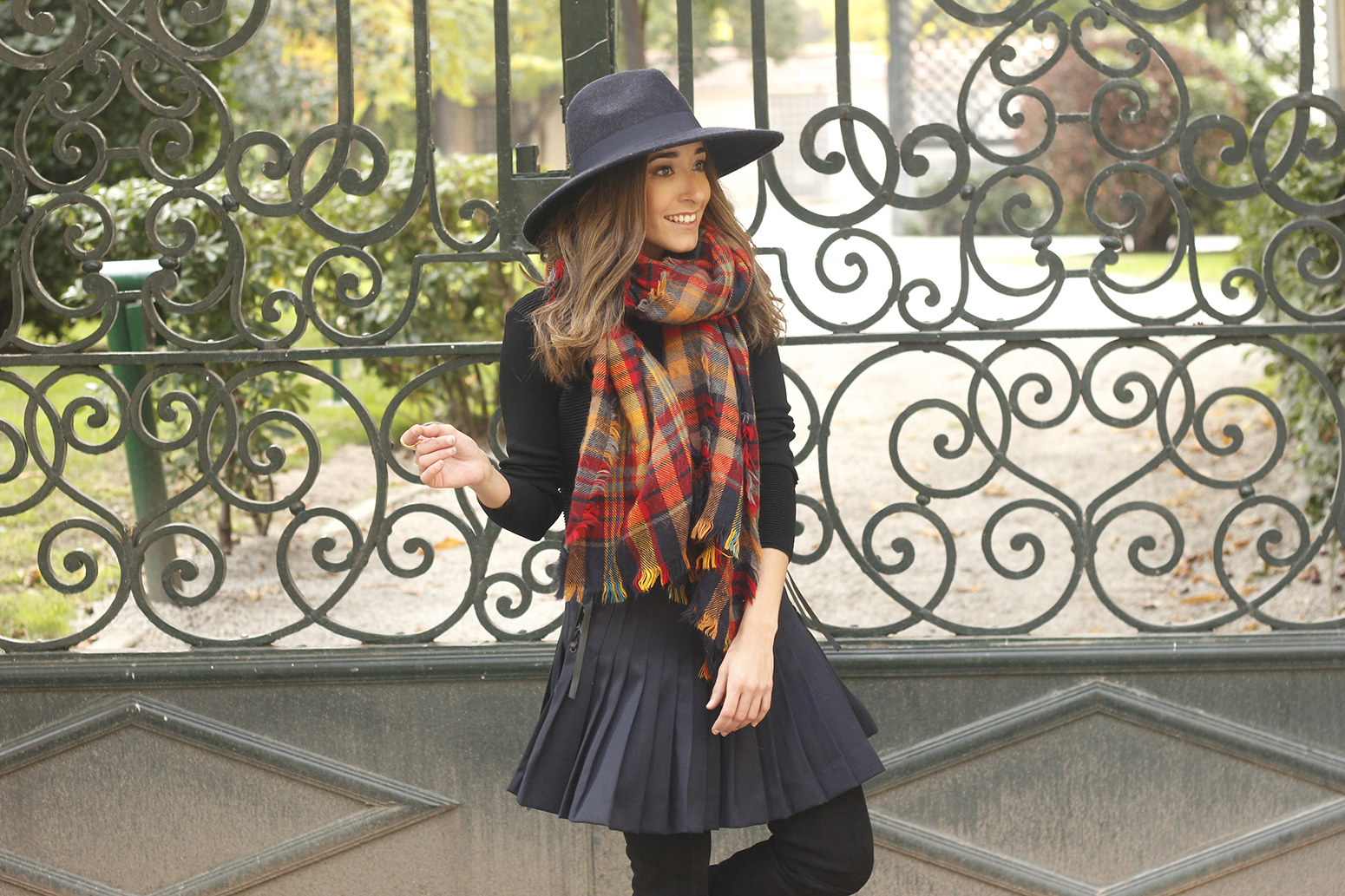 blue pleated skirt with over the knee boots blue hat black jersey outfit style 14