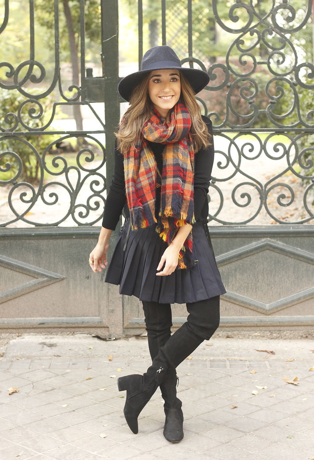 blue pleated skirt with over the knee boots blue hat black jersey outfit style 02