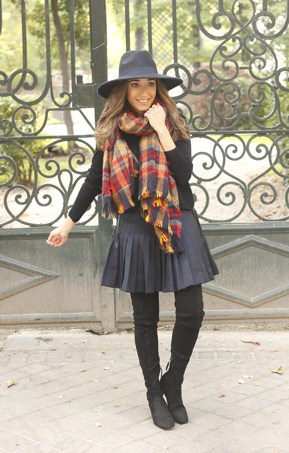 blue pleated skirt with over the knee boots blue hat black jersey outfit style 04