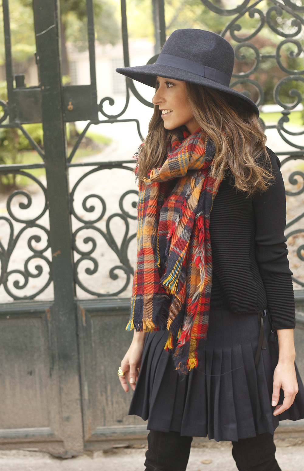 blue pleated skirt with over the knee boots blue hat black jersey outfit style 18