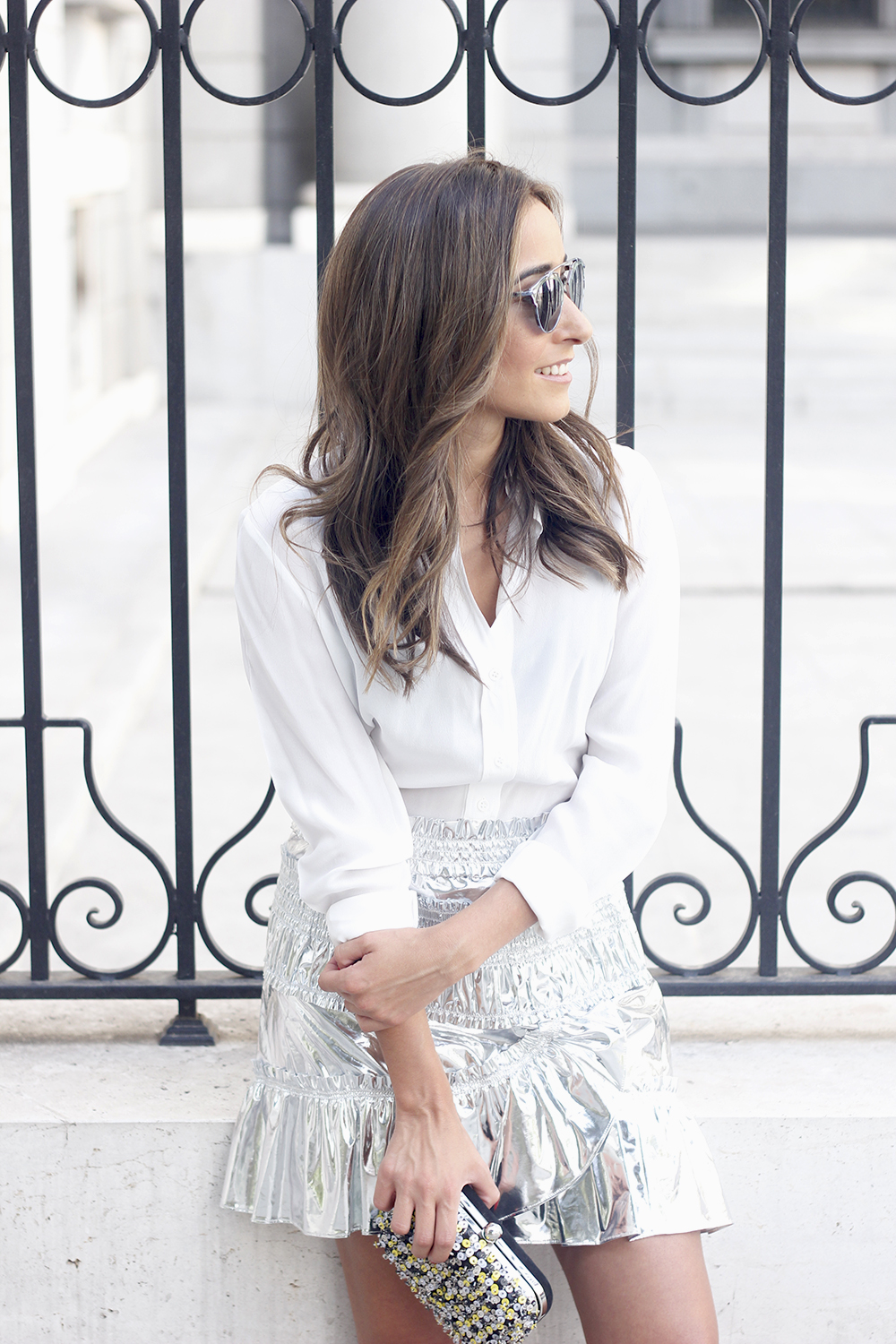 Isabel Marant Metallic Skirt white shirt nude sandals dior so real sunnies outfit style fashion11