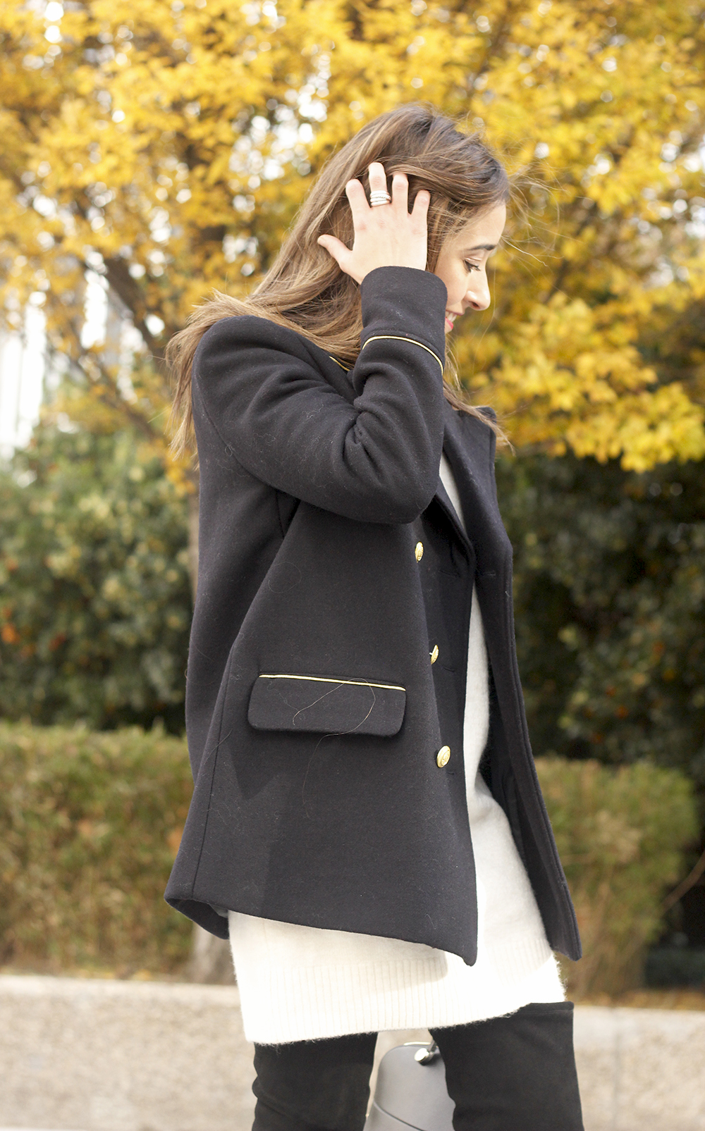 Knitted dress over the knee boots black coat furla bag outfit style fashion fall01