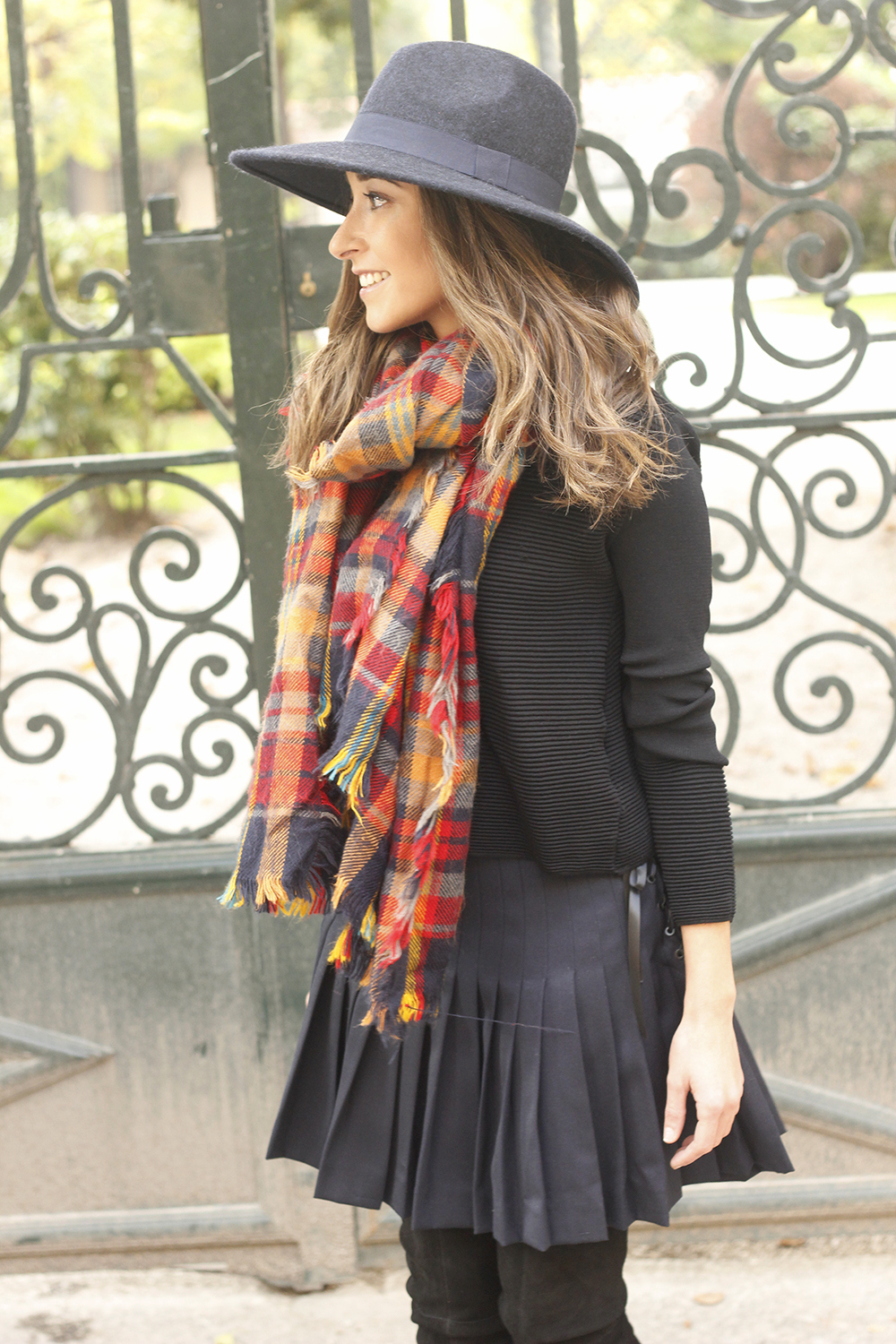 blue pleated skirt with over the knee boots blue hat black jersey outfit style 17