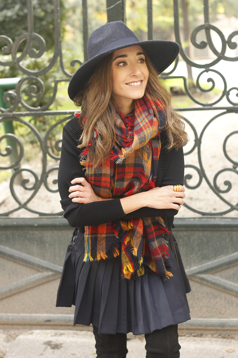 blue pleated skirt with over the knee boots blue hat black jersey outfit style 19