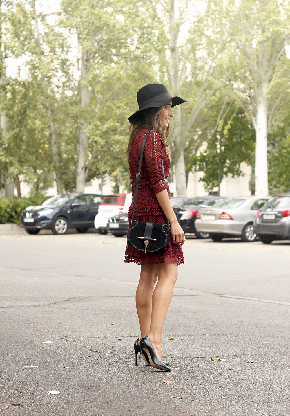 burgundy lace dress black heels hat accessories outfit fashion style13