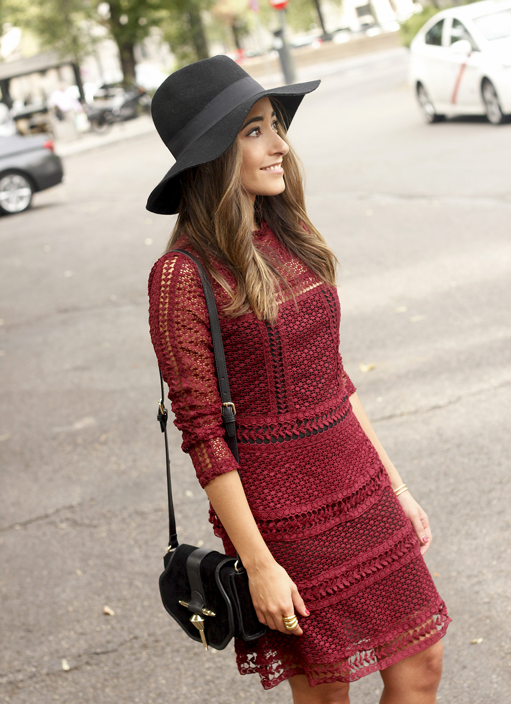 burgundy lace dress black heels hat accessories outfit fashion style20
