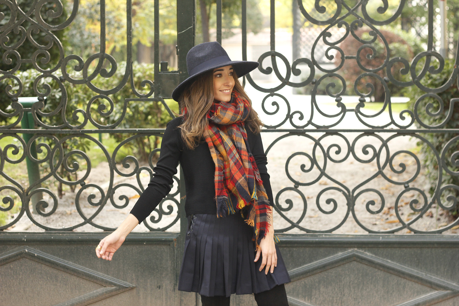 blue pleated skirt with over the knee boots blue hat black jersey outfit style 11