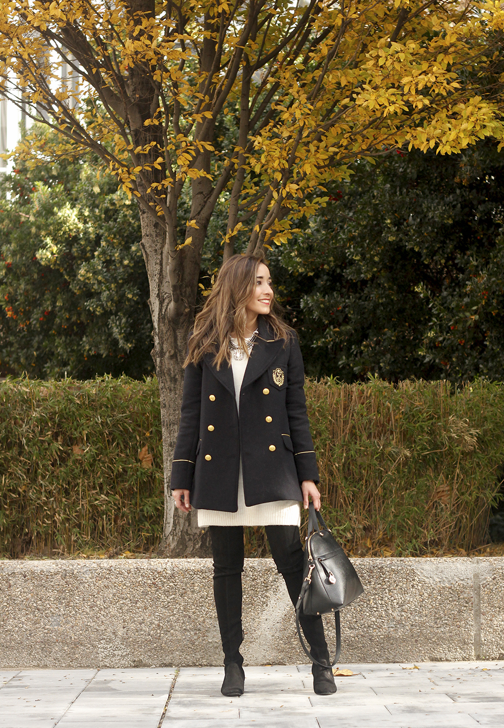 Knitted dress over the knee boots black coat furla bag outfit style fashion fall11