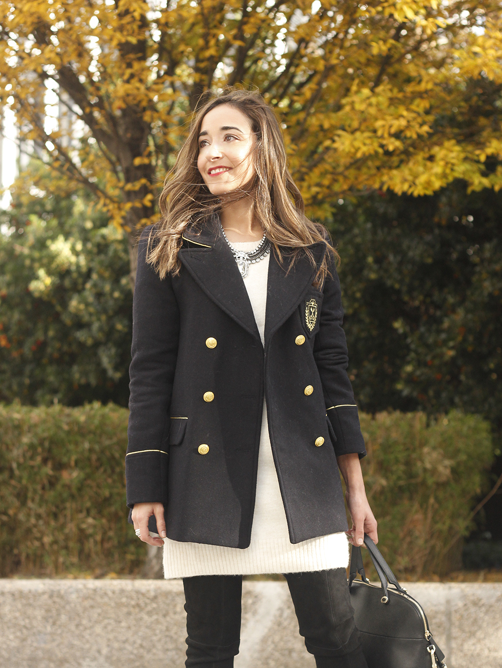 Knitted dress over the knee boots black coat furla bag outfit style fashion fall15