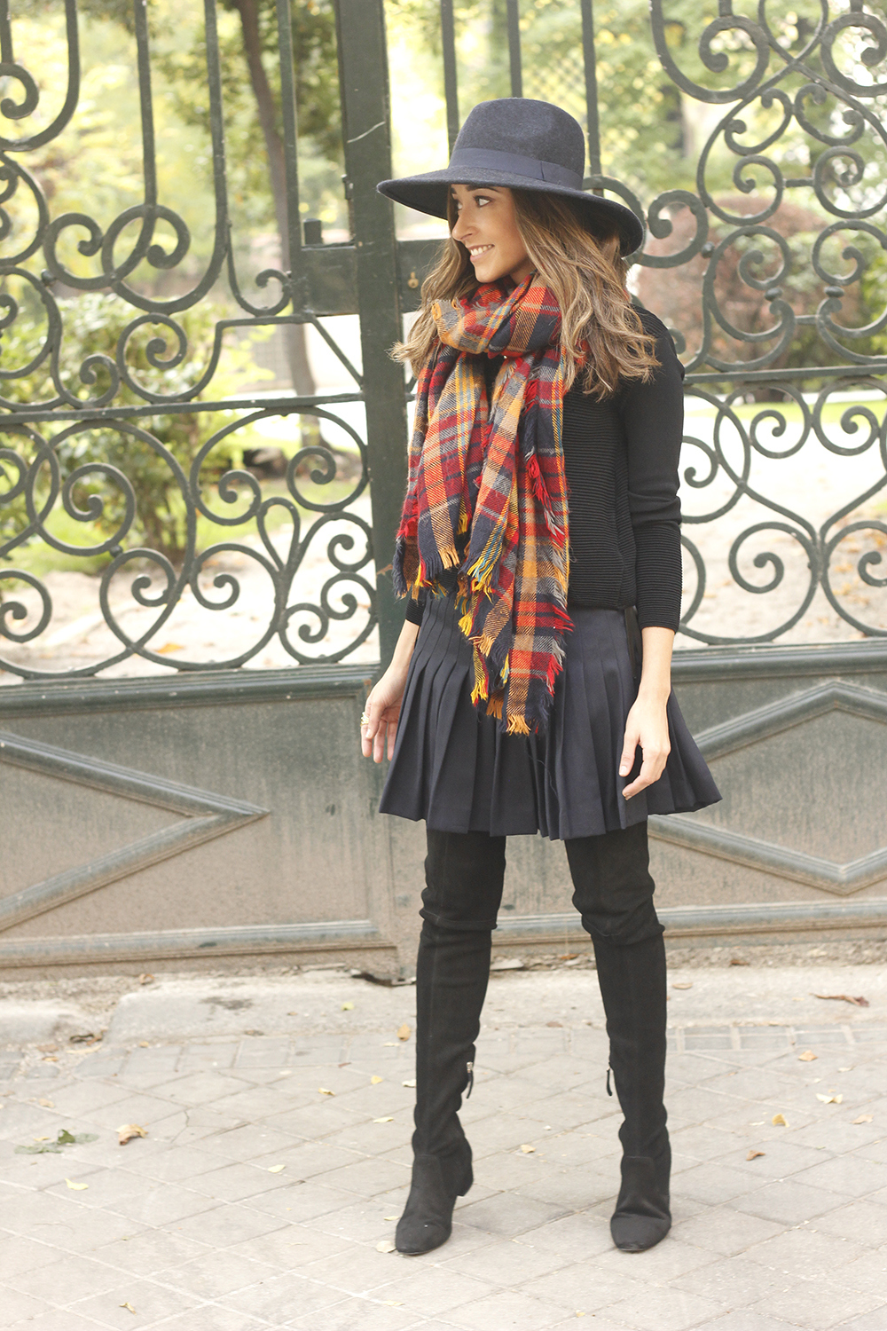 blue pleated skirt with over the knee boots blue hat black jersey outfit style 05