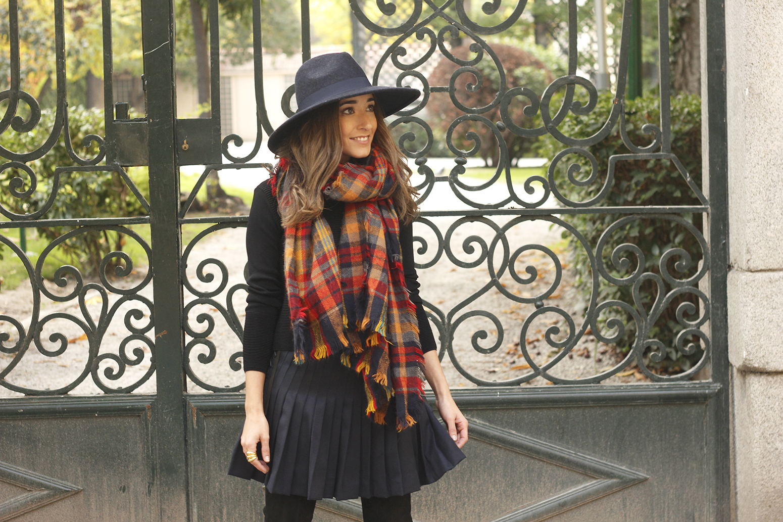 blue pleated skirt with over the knee boots blue hat black jersey outfit style 16