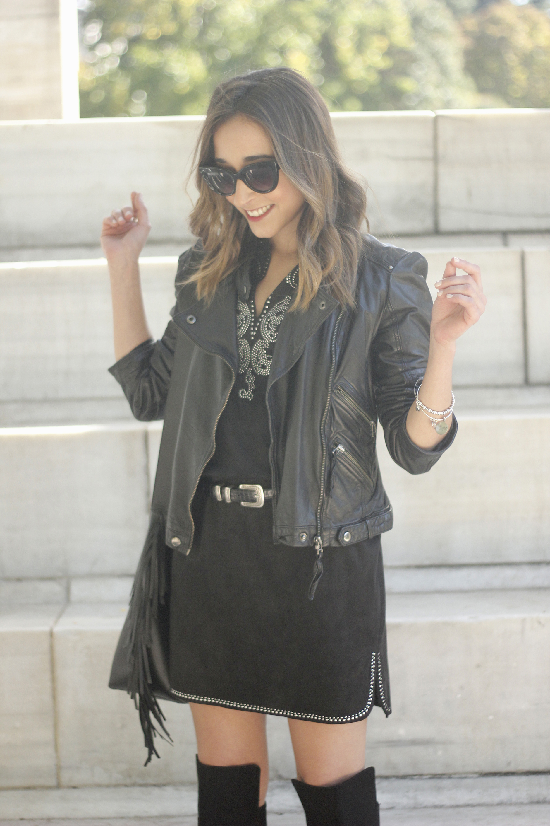 Black Leather jacket With Suede Black Dress Over the knee boots07