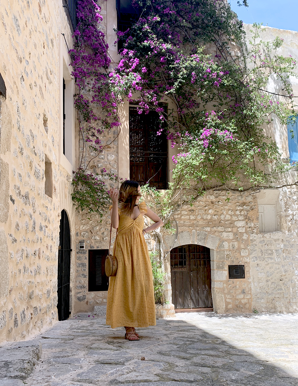 mustard embroidered midi dress straw bag street style outfit 2019 vacation ibiza13