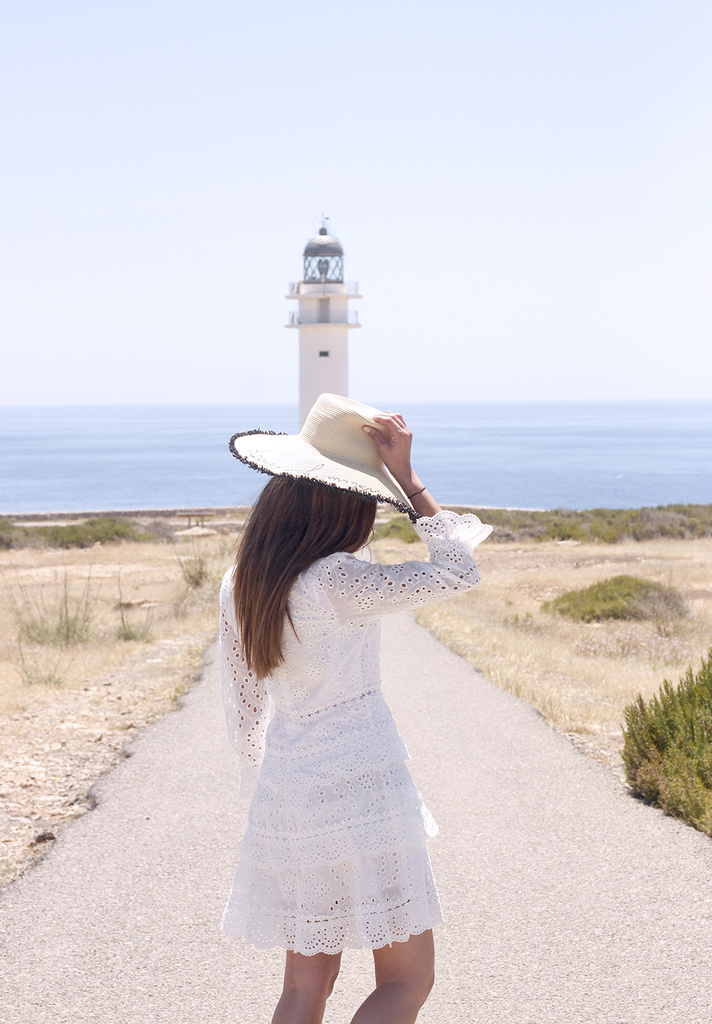 white embroidered dress straw hat striped swimsuit beach formentera street style outfit 20199