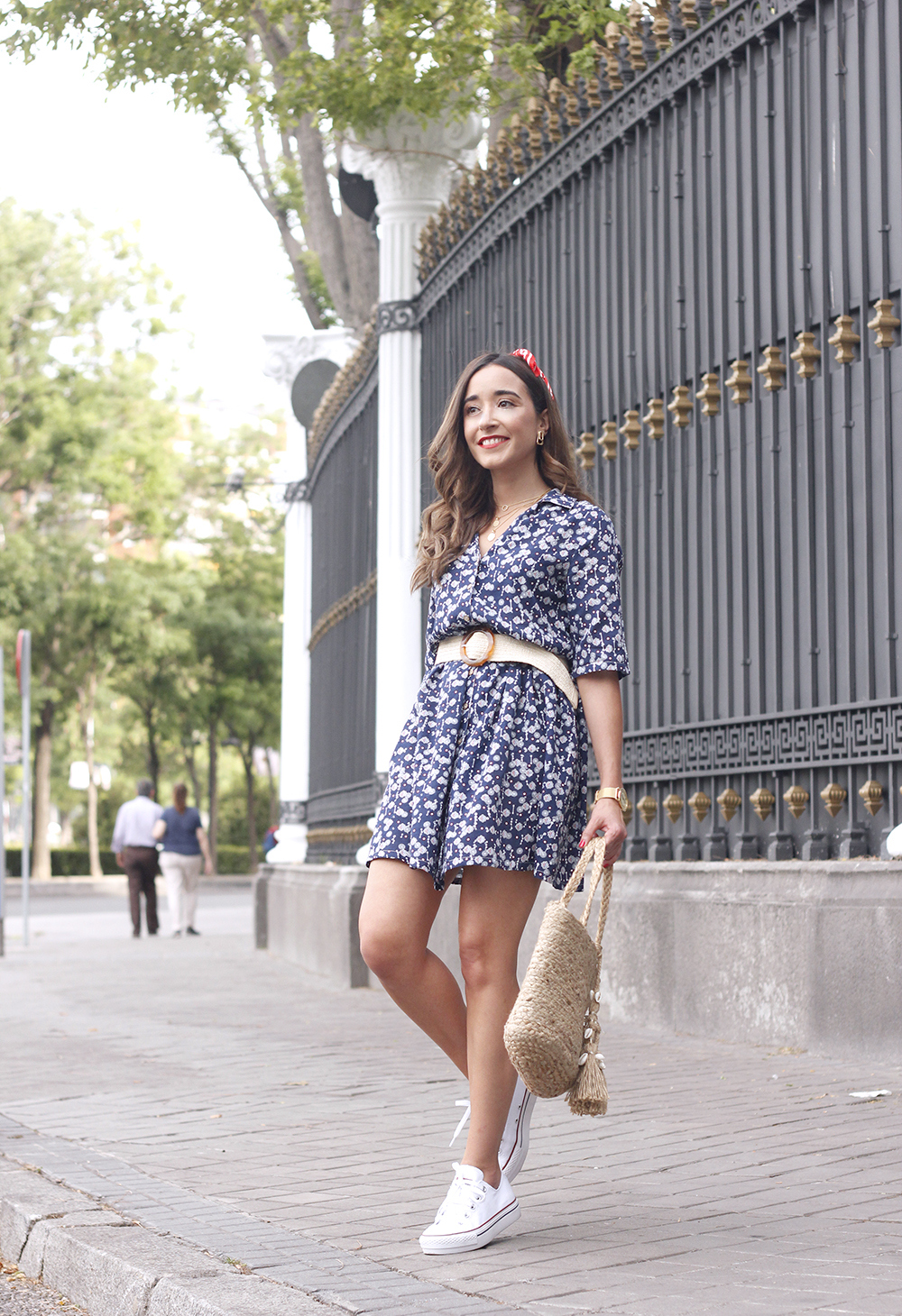 casual printed dress platfrom converse hair scarf street style outfit 20196