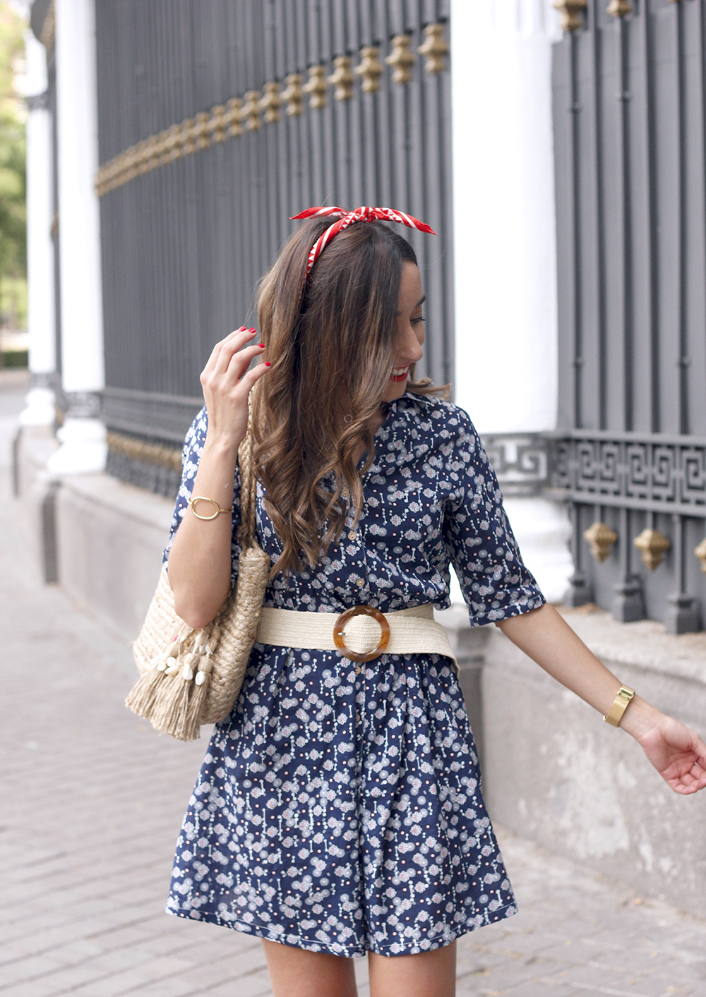 casual printed dress platfrom converse hair scarf street style outfit 20191