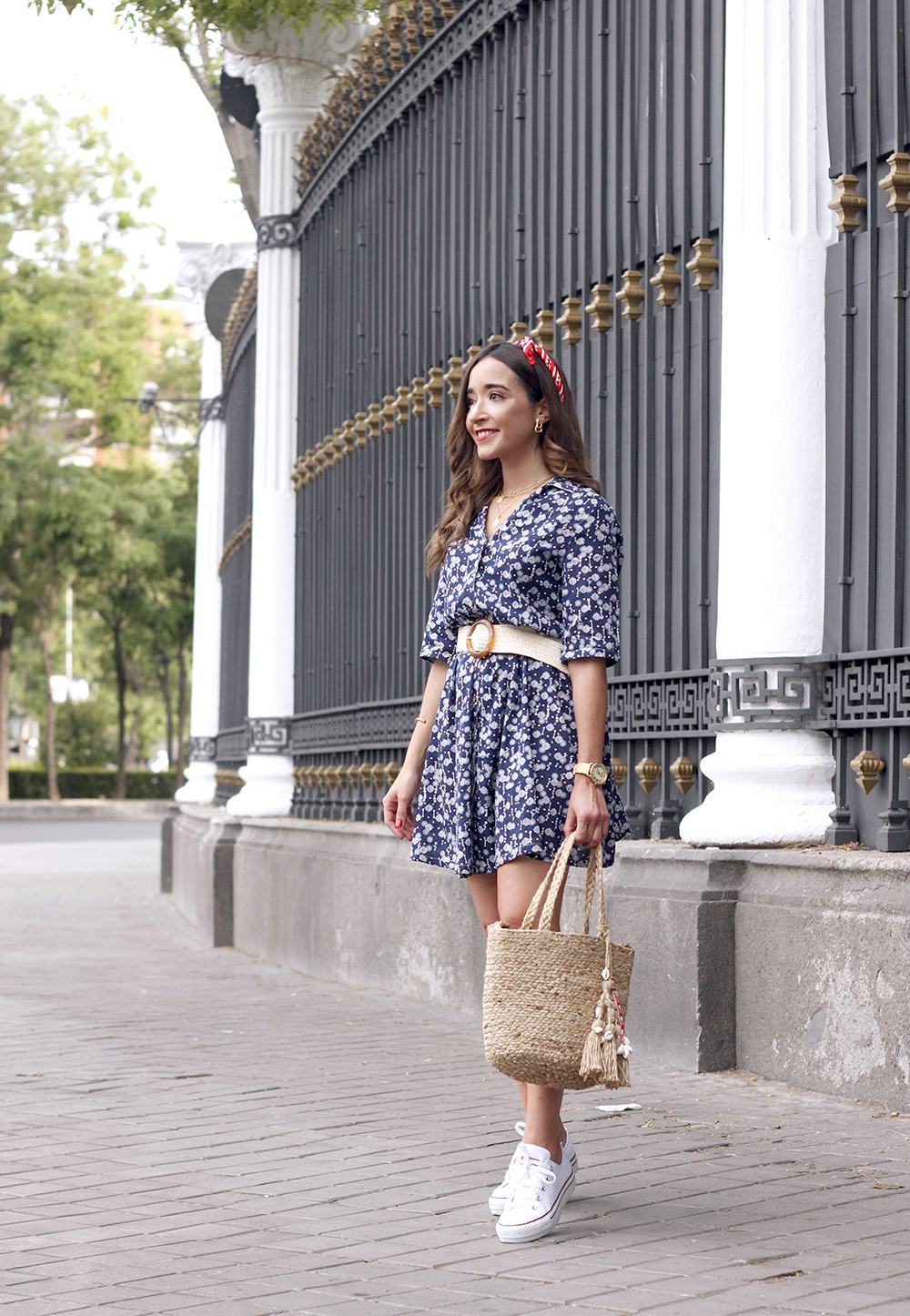 casual printed dress platfrom converse hair scarf street style outfit 201911